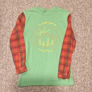Upcycled Cotton Graphic T-Shirt With Plaid Sleeves